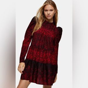 Floral Tiered Long-Sleeve Mini Dress in Red & Black
